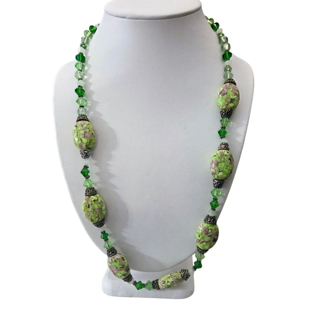 Vtg Natural Lime Turquoise Beads Beaded Necklace Crystals Cap Accents Spacers
